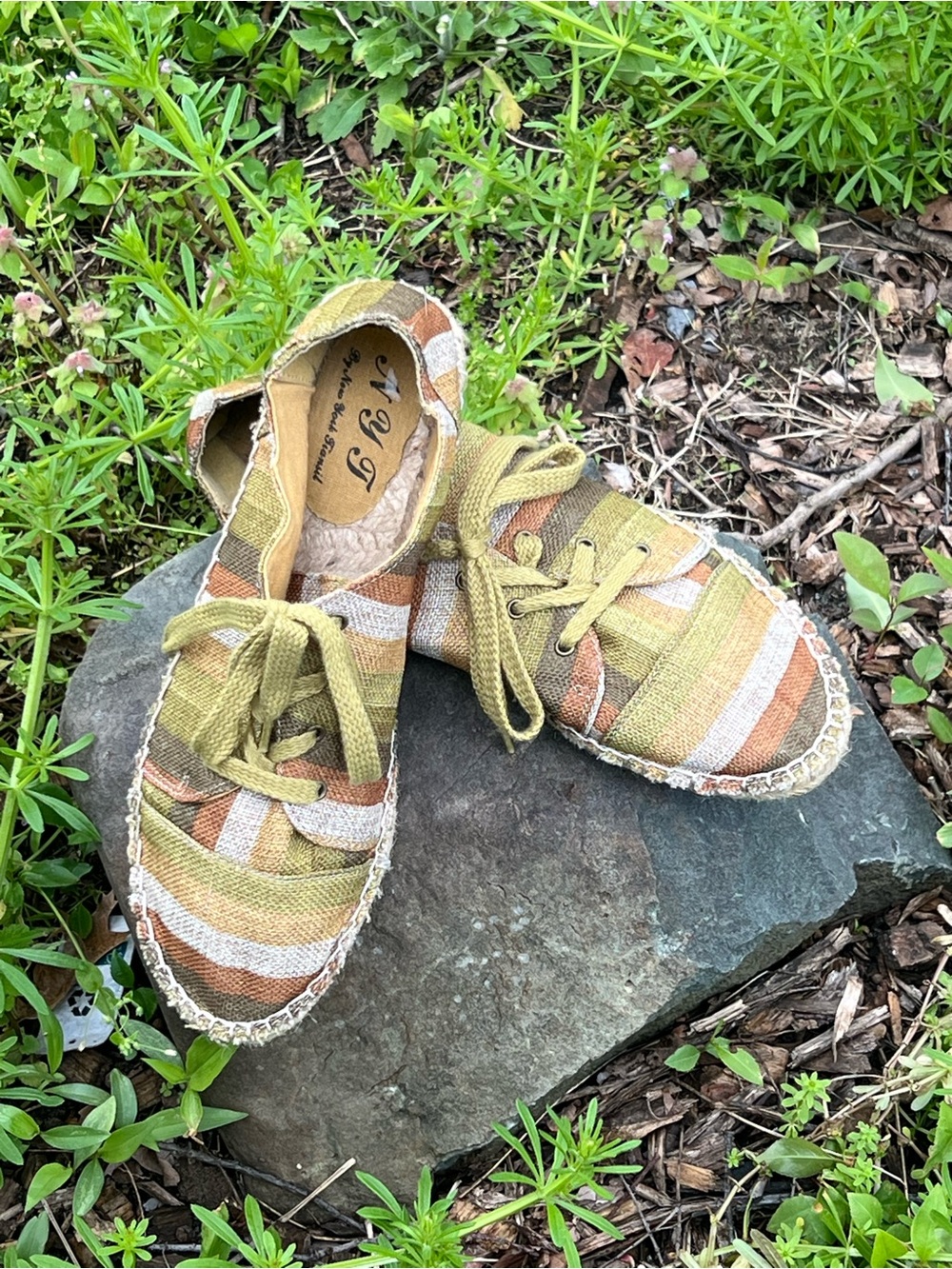Casual Striped Canvas/Hemp Lace-Up Espadrilles in Olive and Tan -